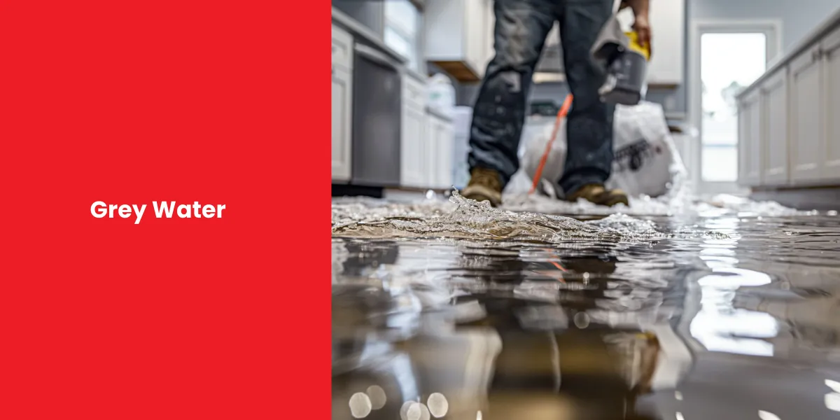 Grey Water A flooded kitchen floor with grey water, showing the need for clean-up after water damage.