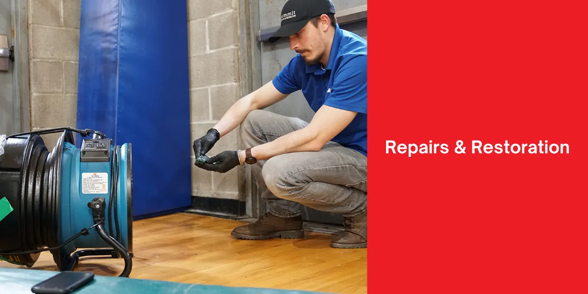 Repairs Restoration A worker checking equipment in a sports facility as part of the repair and restoration process after water damage