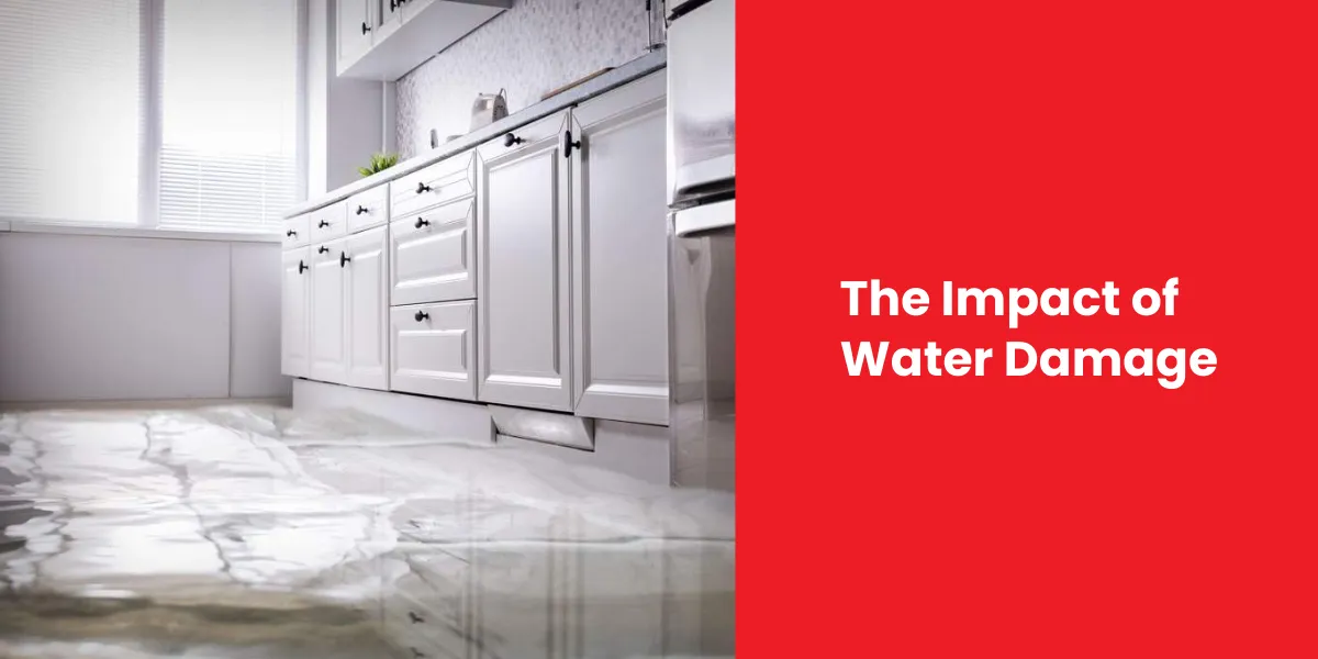 The Impact of Water Damage Flooded kitchen with water covering the floor, demonstrating the severe impact of water damage in a home