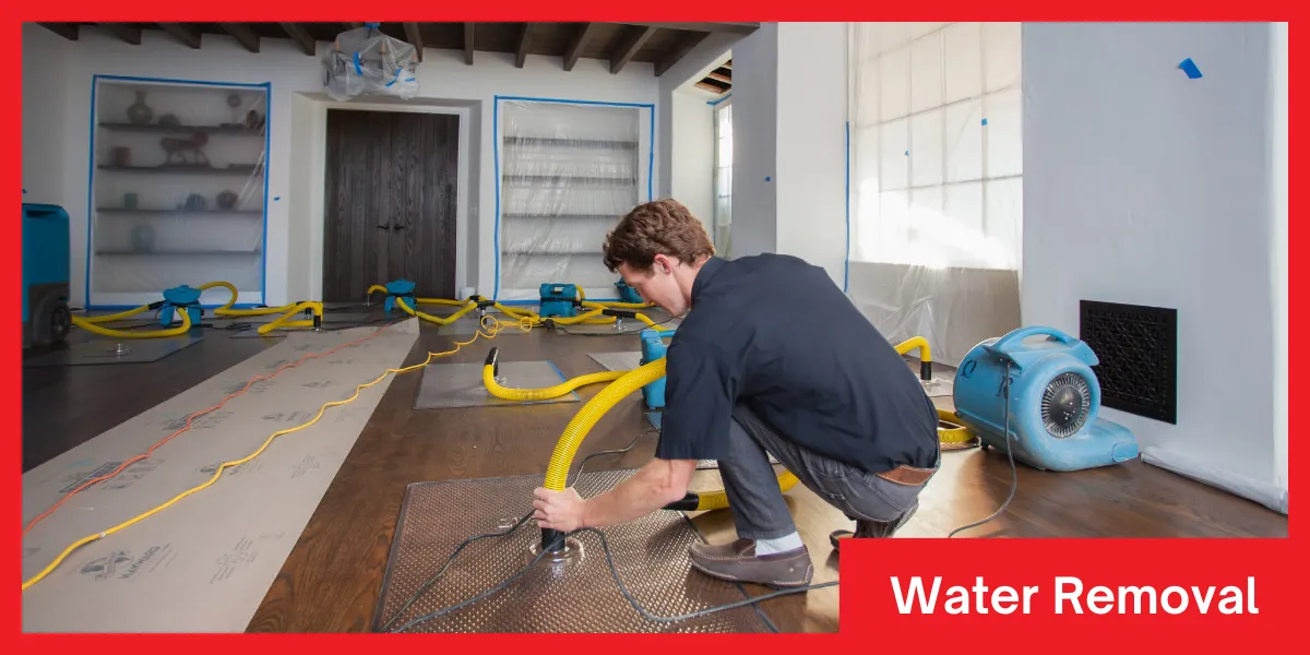 Water Removal A professional using water removal equipment with yellow hoses to extract water from a hardwood floor in a living room.